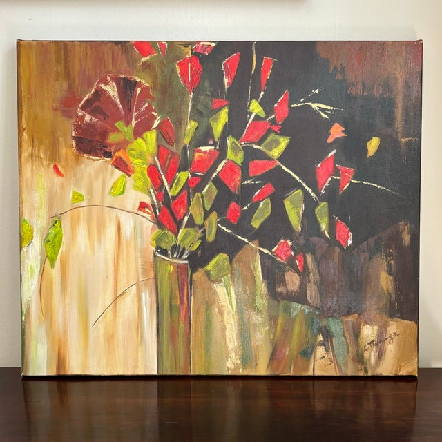 Offering a beautiful original abstract expressionist acrylic- on-canvas painting titled “Fleurs en Folie” or “Profusion of...