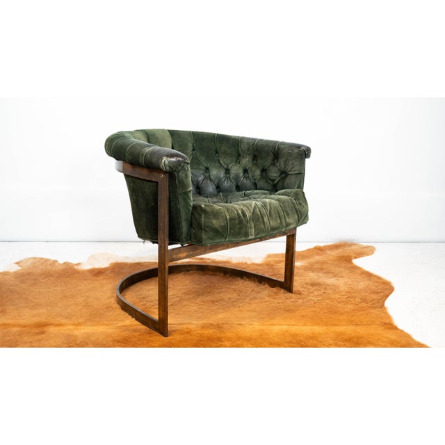 Mid-Century Modern Vintage 1980s Milo Baughman Attr. Forest Green Suede & Bronze For Sale - Image 3 of 17
