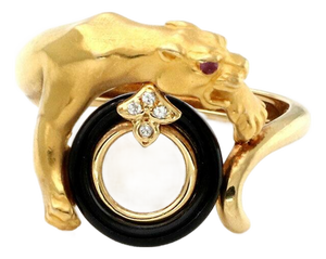 Mid 20th Century Carrera y Carrera Panther Ring Diamond Onyx Ruby 18K Yellow Gold Size 5