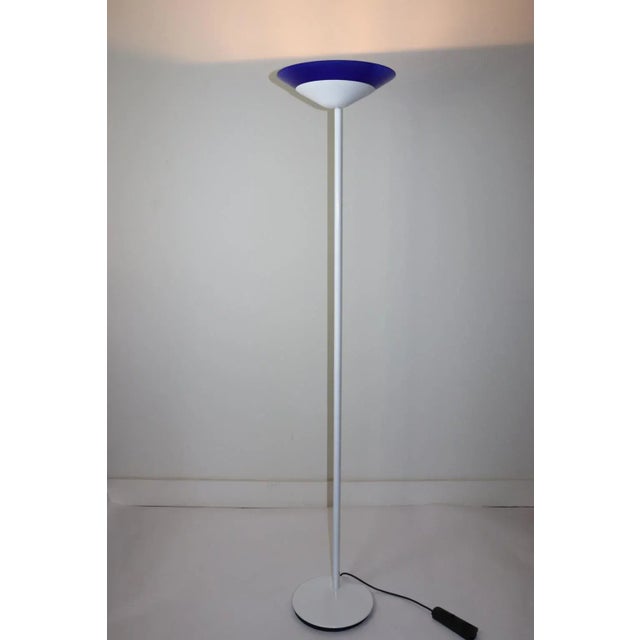 Mid Century Modern Floor Lamp, White Lacquered Metal Stem and Murano Cobalt Blue Blown Glass Diffuser. The "Alo" floor...