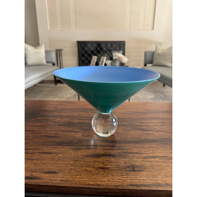 Venini Murano Italian Art Glass Pedestal Bowl in Blue & Turquoise, Signed For Sale In New York - Image 6 of 6