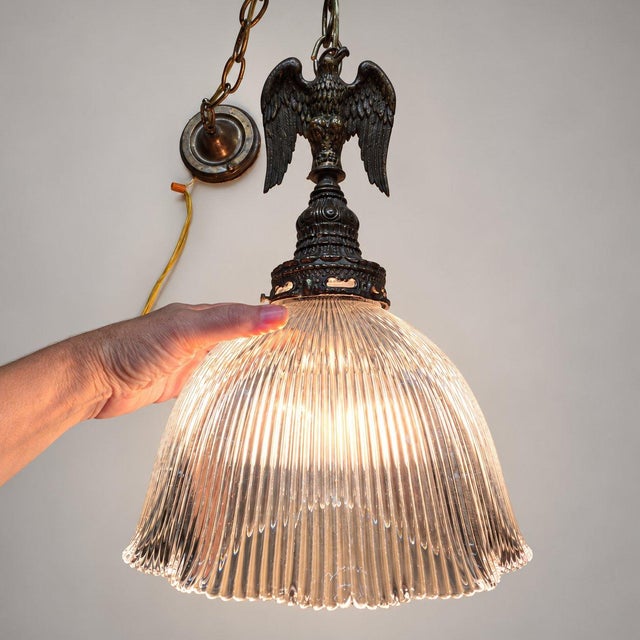 Traditional Vintage Eagle Pendant Light, Ribbed Glass Shade, Upcycled Fixture For Sale - Image 3 of 16