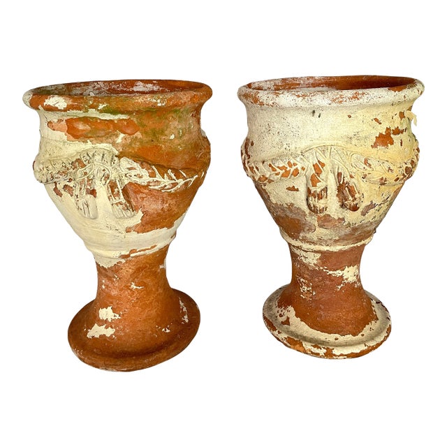 Pair French Antique Tall Garden Terracotta Planters, 1920 For Sale
