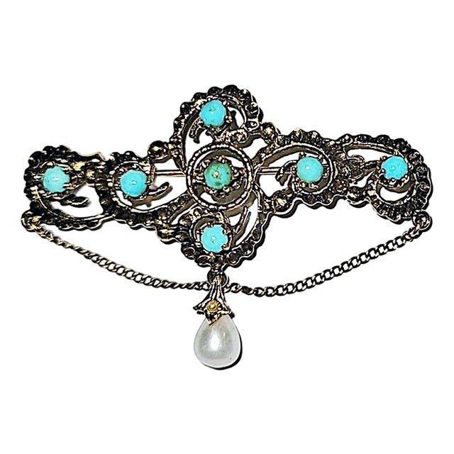 late 19th Century Victorian 14k Gold and Turqouise Brooch For Sale