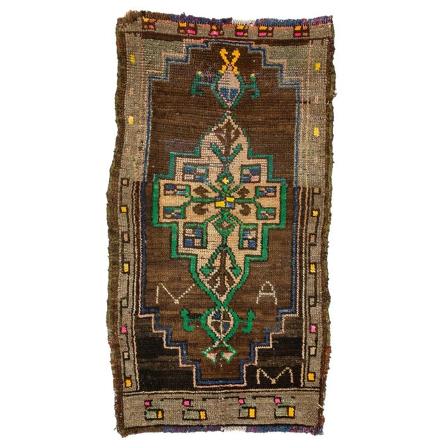 Brown & Green Mini Vintage Rug For Sale - Image 4 of 4