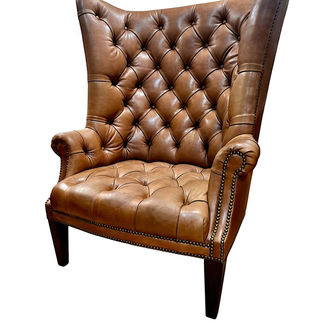 Pair of High-Back, Barrel-Shape Tufted Leather Armchairs With Brass Nailhead Trim For Sale - Image 9 of 9