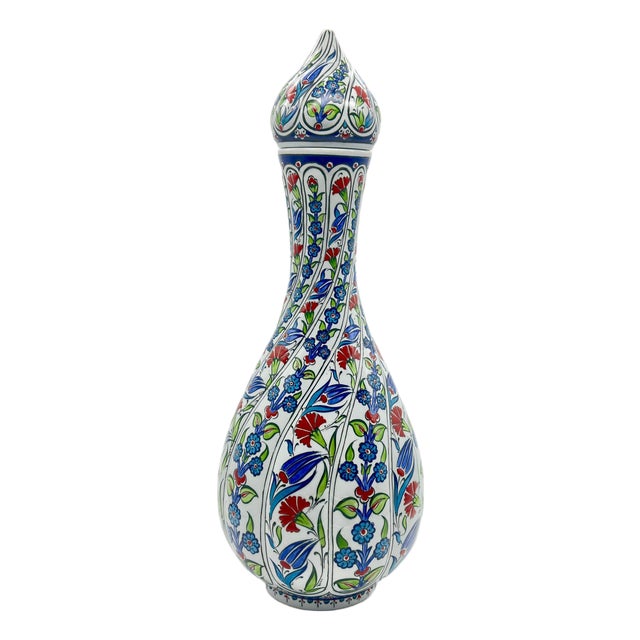 Handmade Ceramic Fluted Nightingale Vase with Lid (30cm) Polychrome Floral Pattern For Sale