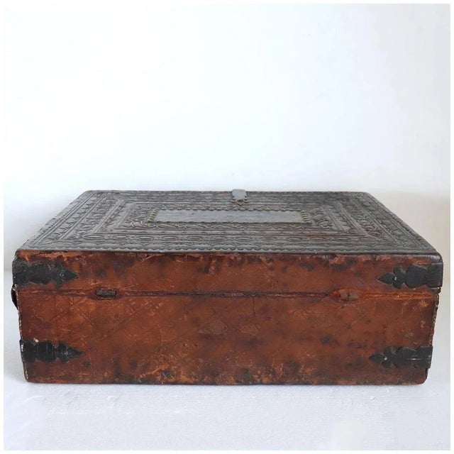 Spanish Baroque Tooled Leather And Iron Mounted Pine Desk / Document Box For Sale In Denver - Image 6 of 13