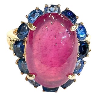 Bochic "Orient" Red Ruby & Tanzanite Ring, Set 18K In Yellow Gold & Silver For Sale