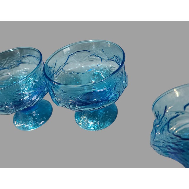 American Vintage Set of 4 Anchor Hocking Rain Flower Ocean Blue Sherbet Dessert Compote Bowls For Sale - Image 3 of 5