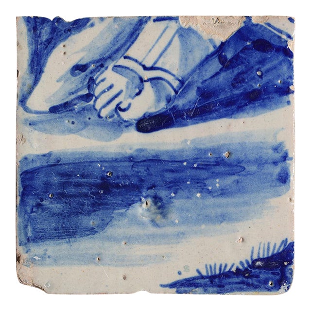 Antique 18th Century Blue and White Portuguese Tile Depicting a Foot on a Baroque Sandal For Sale