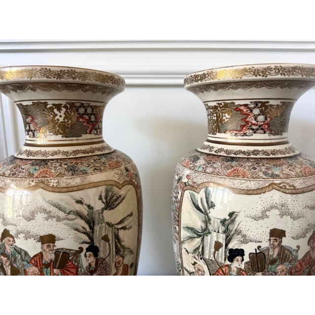 Arius Large Pair Japanese Satsuma Ceramic Vases Kozan Meiji Period For Sale - Image 4 of 18