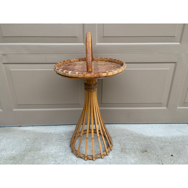 Mid-Century Palm Beach Bamboo & Woven Rattan Drinks Table With Carrying Handle For Sale - Image 10 of 12