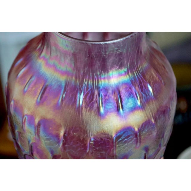 Josh Ries Handblown Glass Vase – Iridescent Pink Embossed Honeycomb Studio Art Glass For Sale - Image 4 of 7