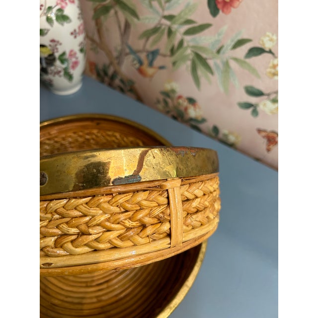 Vintage 1970’s Pencil Reed and Brass With Woven Rattan Bowls in the Style of Crespi For Sale - Image 9 of 9