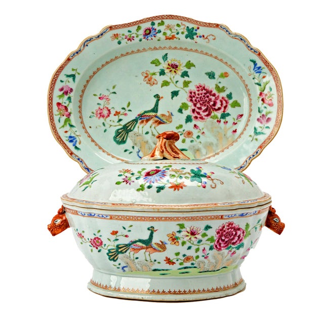 18th-Century Chinese Export Porcelain Double Peacock Pattern Soup Tureen, Cover & Stand For Sale - Image 15 of 18