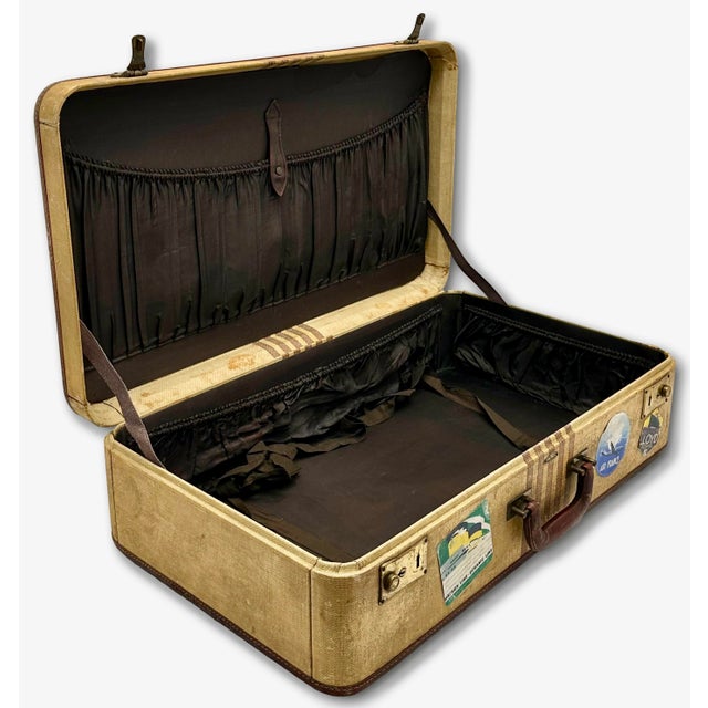 Vintage 1940s Travel Size Tweed Suitcase With Nice Assortment of World Grand Tour Locations Paper Labels For Sale - Image 13 of 18