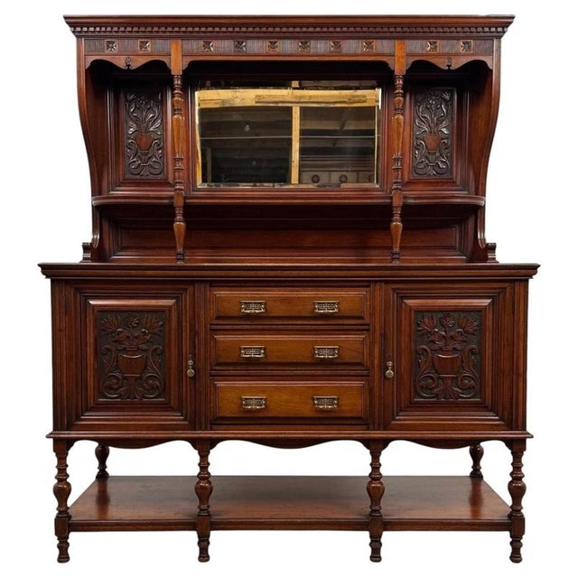 Antique English Carved Walnut Mirror-Back Sideboard, 1900s For Sale - Image 13 of 13