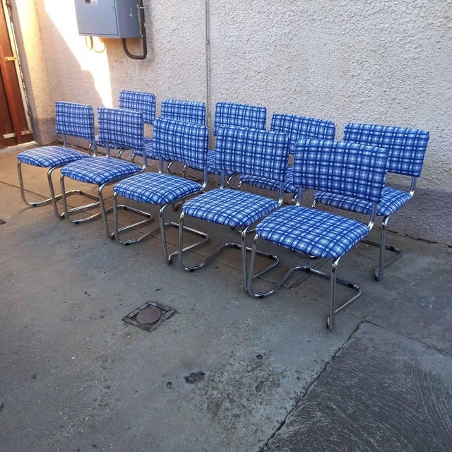 Vintage Chrome Cantilever Chairs with Blue Checkered Upholstery, 1970s, Set of 10 For Sale - Image 4 of 5