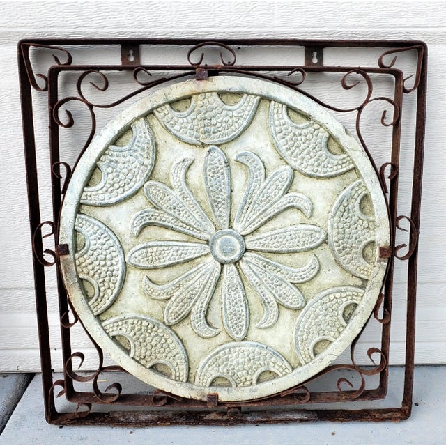 1980s Vintage Pair of Square Iron Framed Terracotta Relief Floral Medallion Wall Hangings For Sale - Image 4 of 12