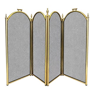 Vintage Four Panel Fireplace Screen Gold Black Mesh Folding Grate For Sale
