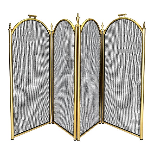 Vintage Four Panel Fireplace Screen Gold Black Mesh Folding Grate For Sale