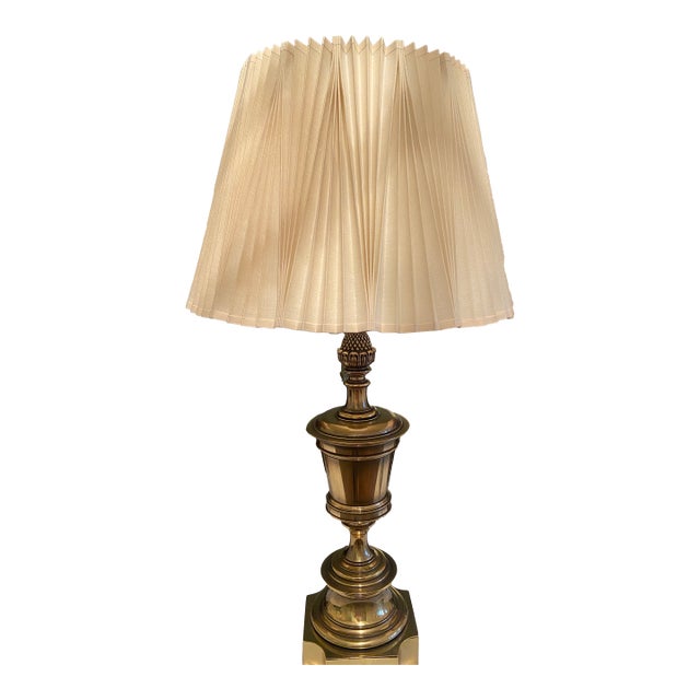 Vintage Stiffel Brass Table Lamp With Pleated Shade For Sale
