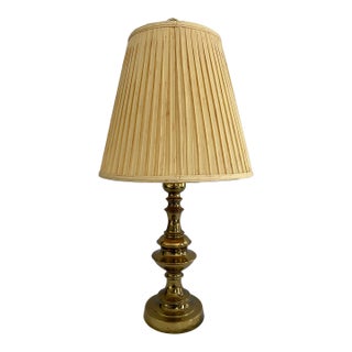 Vintage Brass Table Lamp With Original Ruffled Shade For Sale