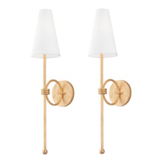Mid Century Modern Wall Sconce in Vintage Gold Leaf With White Linen Tapered Shade - a Pair For Sale