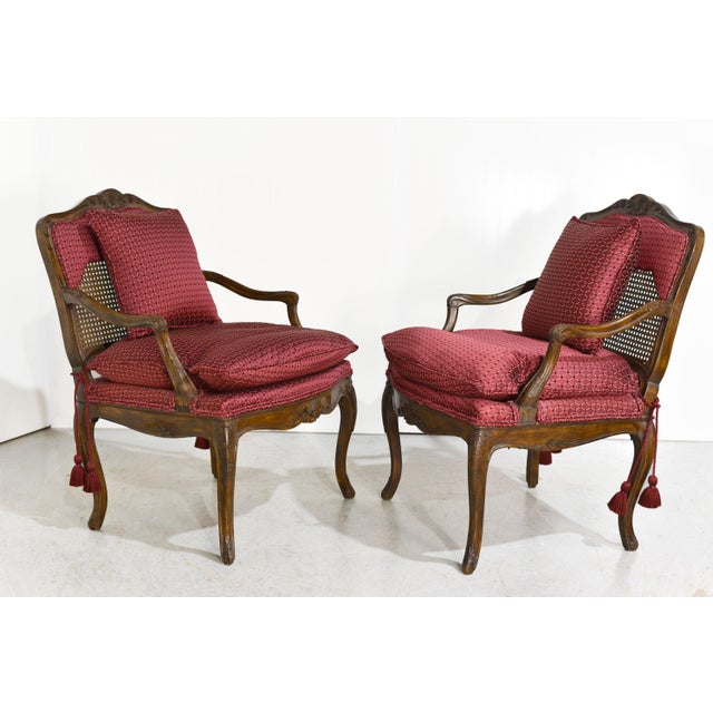 Mid 20th Century Vintage French Bergere Carved Wood Cane Red Occasional Chairs - a Pair For Sale - Image 5 of 12