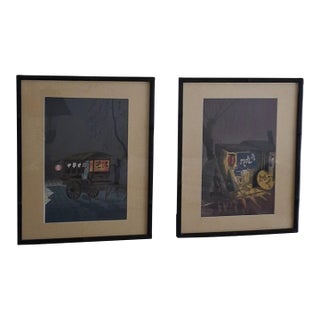 1950s Tomikichiro Tokuriki - Soba Noodle Wagon & Noodle Restaurant Rainy Night - Set of 2 For Sale