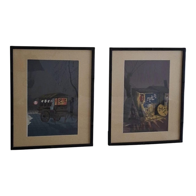 1950s Tomikichiro Tokuriki - Soba Noodle Wagon & Noodle Restaurant Rainy Night - Set of 2 For Sale