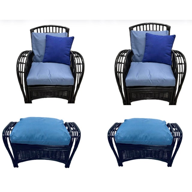 Vintage Rattan Lounge Chair in Black Enamel. McGuire-Style Leather Bindings and Stick Reed Details. Performance Cushions, Professionally Refurbished. For Sale - Image 12 of 12