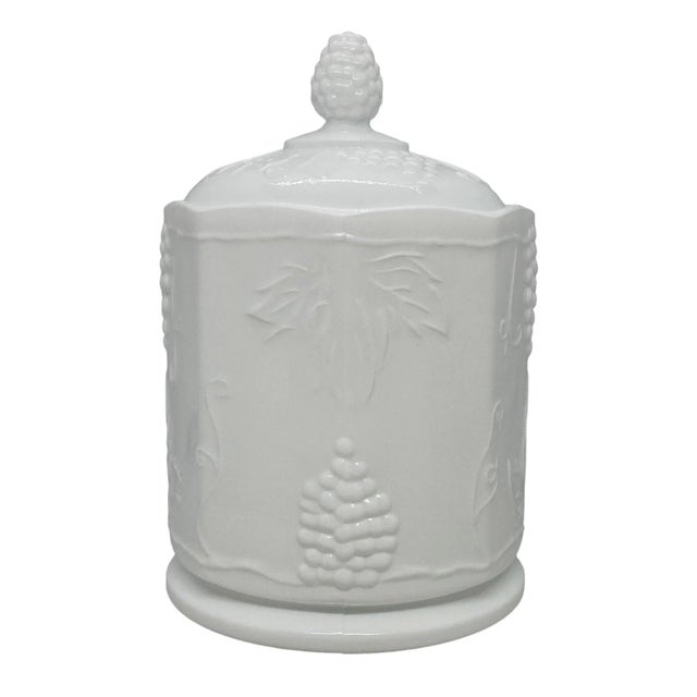 Mid-Century Modern Mid 20th Century Harvest Milk Glass by Colony White Octagonal Shape Lidded Canister With Grapes Design For Sale - Image 3 of 13