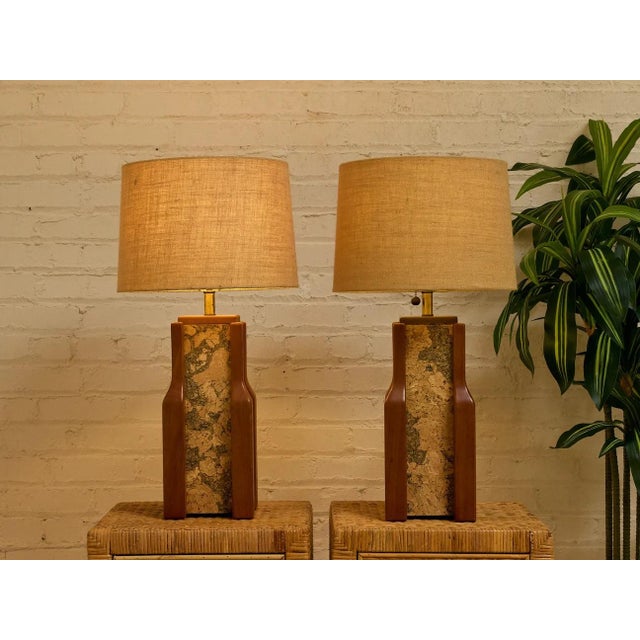 Wood Vintage Walnut & Cork Architectural Table Lamp - Pair For Sale - Image 7 of 8