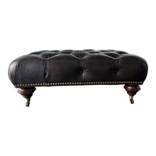 2000s Large Isenhour Furniture Supple Leather Tufted Stool With Castors For Sale