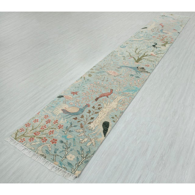 2020s 2.6x15ft. Light Blue Peacock Bird Garden Hand Knotted Wool Rug For Sale - Image 5 of 18