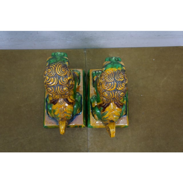 2 Chinese Green Sancai Glazed Porcelain Foo Dog Guardian Lion Statues 12" For Sale - Image 9 of 18