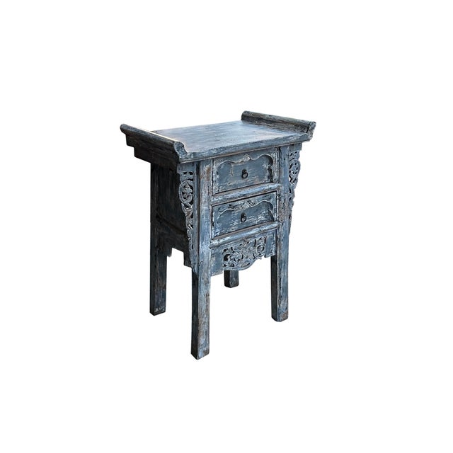 1990s Distressed Pale Blue Grey 2 Drawers Carved Motif End Table Nightstand For Sale - Image 5 of 6