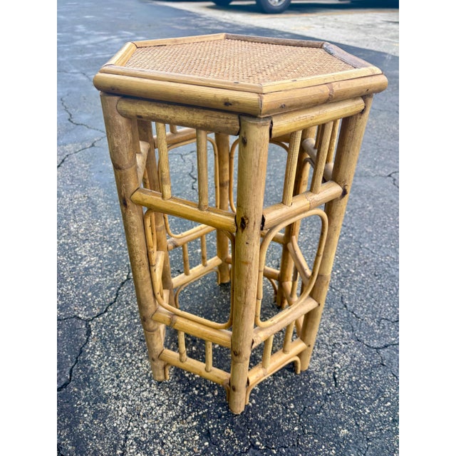 Tan Vintage Coastal Bamboo and Cane Brighton Pavilion Style Side Table For Sale - Image 8 of 11