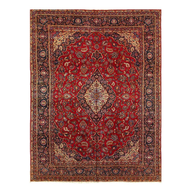 Red Semi Antique Persian Hand Knotted Kashan 10'11'' X 14'2'' For Sale - Image 4 of 4