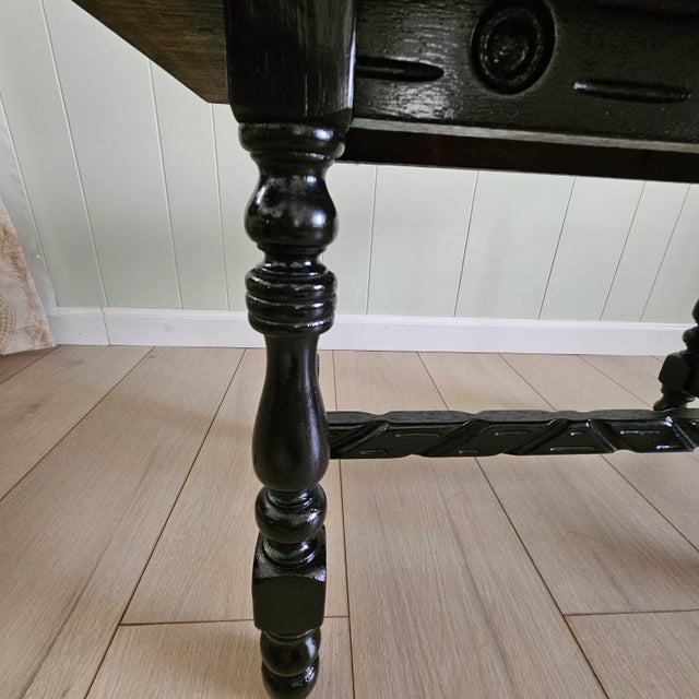 Wood Carved California-Spanish Antique Walnut Coffee Cocktail Table in Ebony, Frieze Has Bullseyes, Single-Board Top For Sale - Image 7 of 9