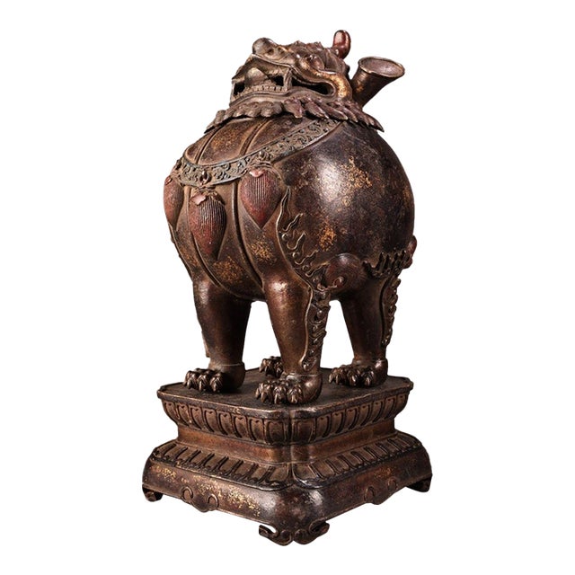 Antique Bronze Guardian Lion Censer – 11.8" Foo Dog Incense Burner on Pedestal For Sale