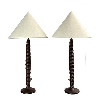 Mid-Century French Turned Wood Table Lamps in the style of Charles Dudouyt, 1970s, Set of 2 For Sale