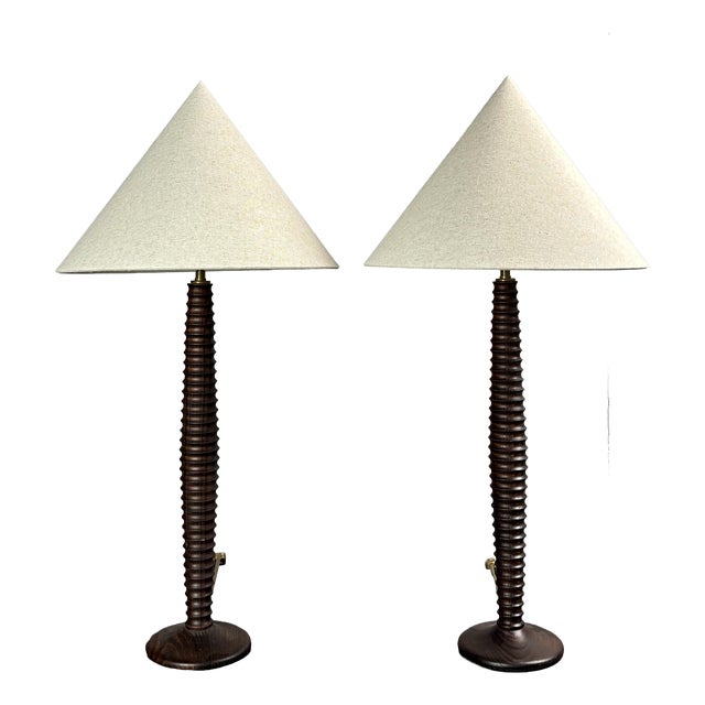 Mid-Century French Turned Wood Table Lamps in the style of Charles Dudouyt, 1970s, Set of 2 For Sale