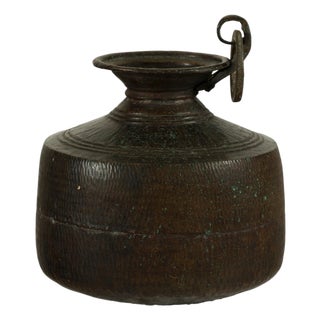 Vintage Indian Hand-Tooled Metal Milk Jug with Ring Handle, Mid-20th Century For Sale