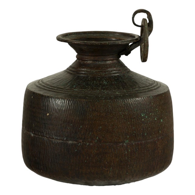 Vintage Indian Hand-Tooled Metal Milk Jug with Ring Handle, Mid-20th Century For Sale
