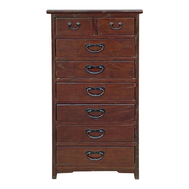 Oriental Chinese Brown 8 Drawers Slim File Storage Cabinet For Sale