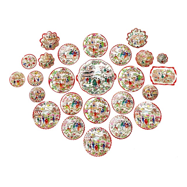 1920’s Antique Japanese Chinoiserie Hand Painted Traditional Geisha Girl & Pagoda Plates & Small Bowls - a 25 Piece Set For Sale