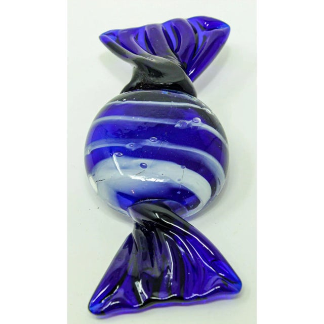 Late 20th Century Vintage Murano Decorative Blown Glass Wrapped Blue Hard Candy Paper Weight 6.5" For Sale - Image 5 of 13